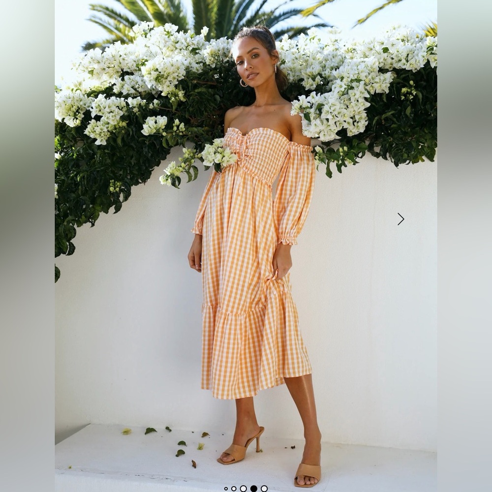 Hello Molly Gingham Long Sleeve Dress in Peach